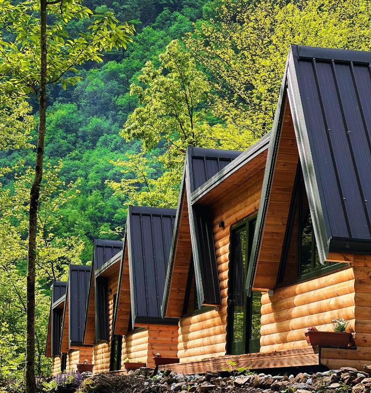 a row of log homes with black roof at Villa's Gio Shala River in Mollʼ e Shoshit