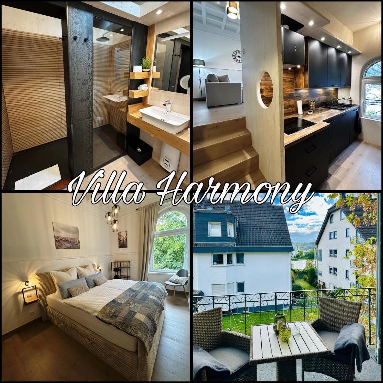 a collage of pictures of a villa bathroom and a bedroom at Villa Harmony in Koblenz