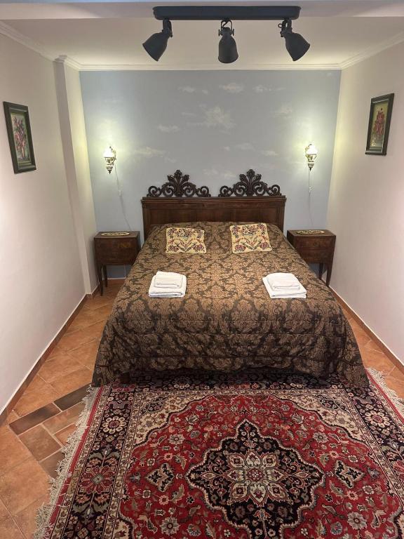 a bedroom with a large bed with a red rug at Casa Eloria in Békéscsaba