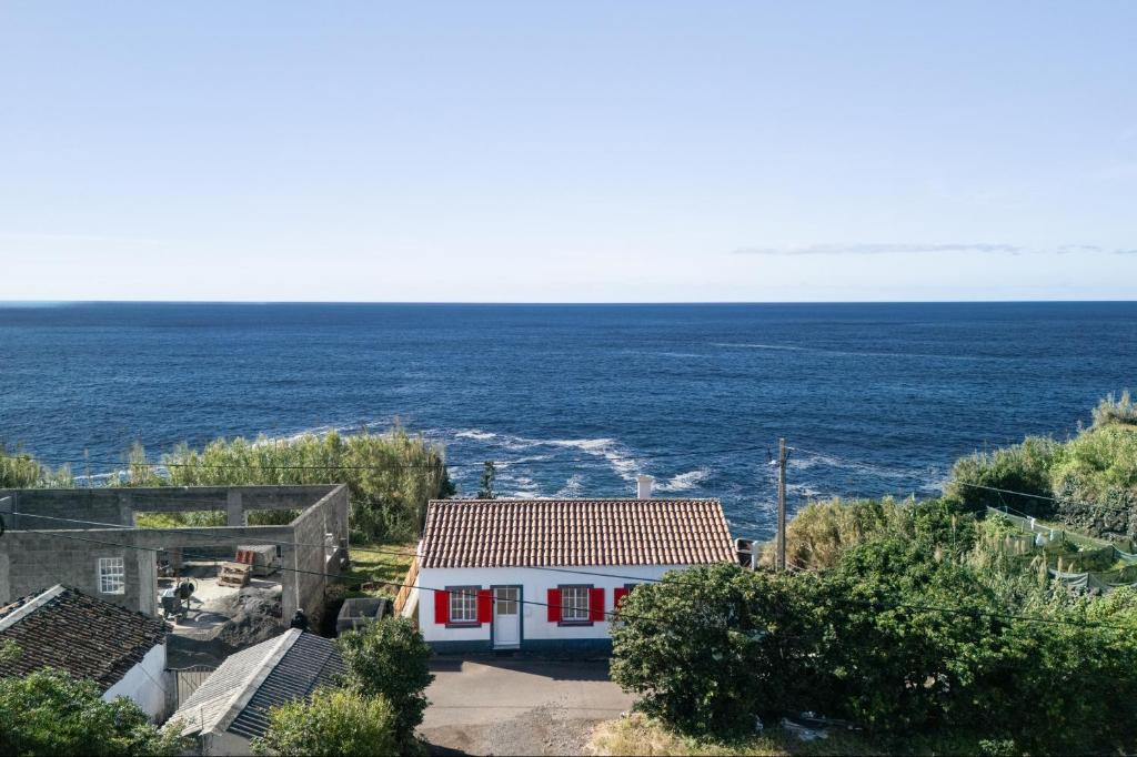an aerial view of a house and the ocean at Picos House in Lajes do Pico