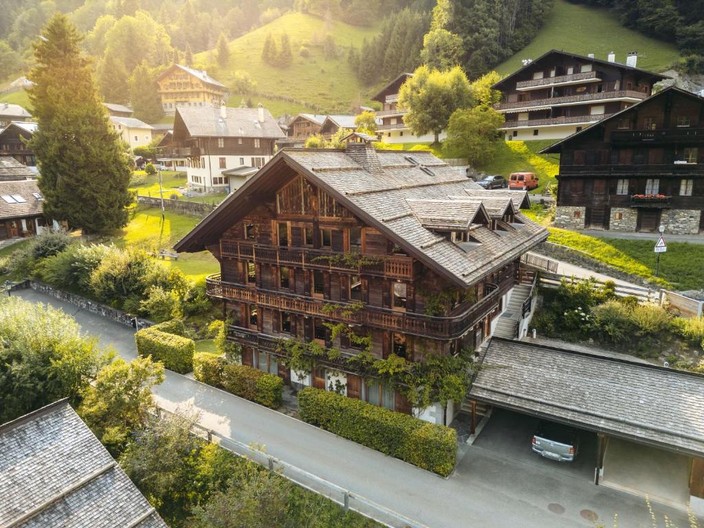 an overhead view of a building in a village at Chalet François in Champéry