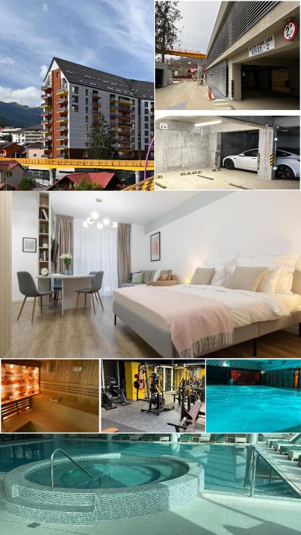 a collage of photos of a hotel room and a bedroom at Cozy Garden Studio - Free Parking - Wellness SPA in Sinaia