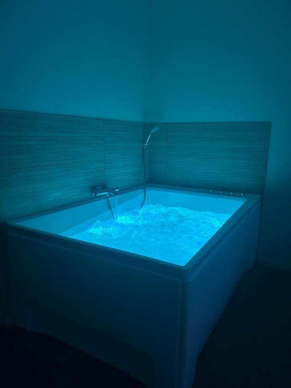 a bath tub with a blue light in a room at Le Ségusiave SPA in Feurs