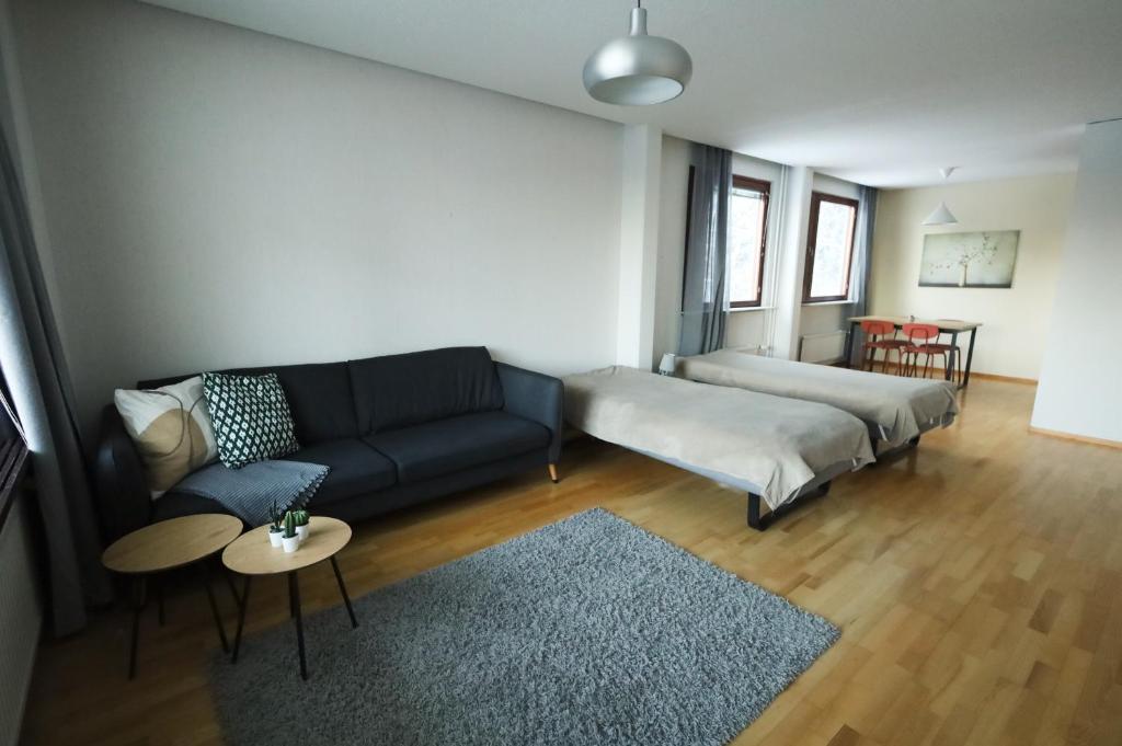 a living room with a couch and a table at LibO-apartment, Rypys 74 X in Kuopio