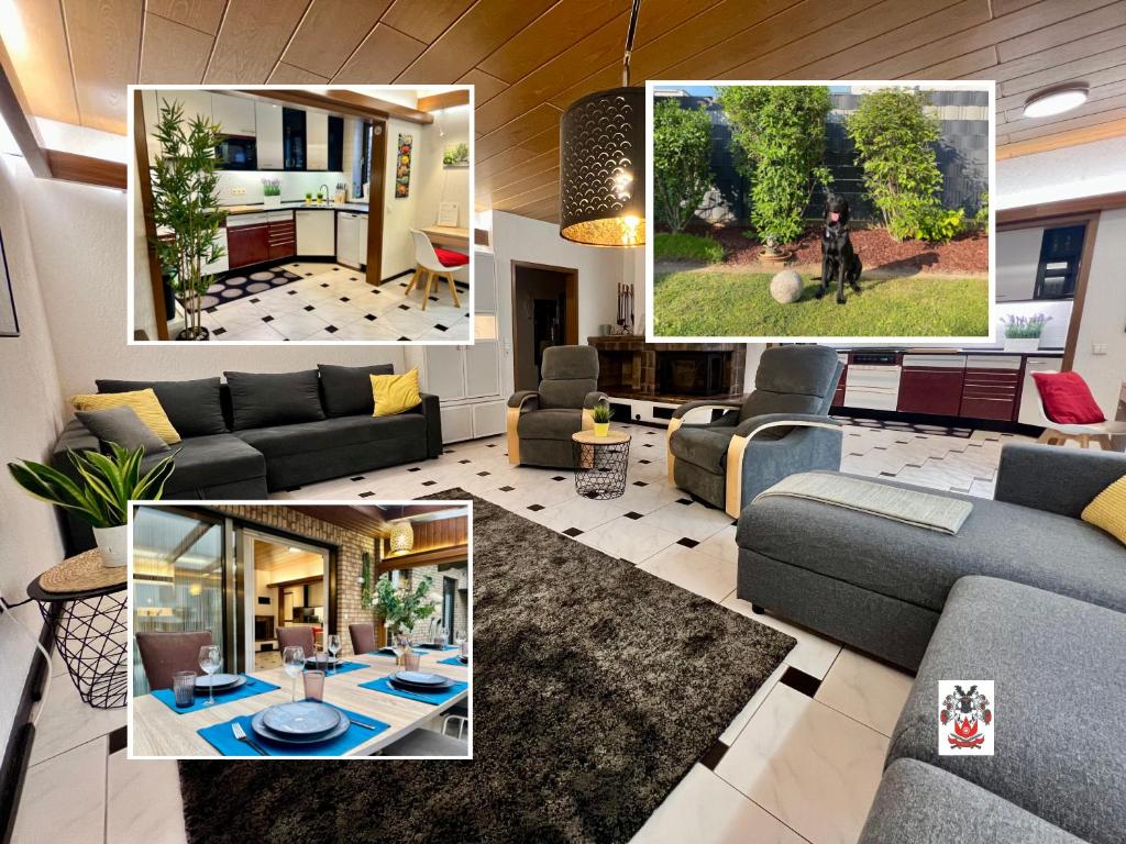 a collage of photos of a living room at Barrierefreies Ferienhaus mit Garten bei Köln in Hürth