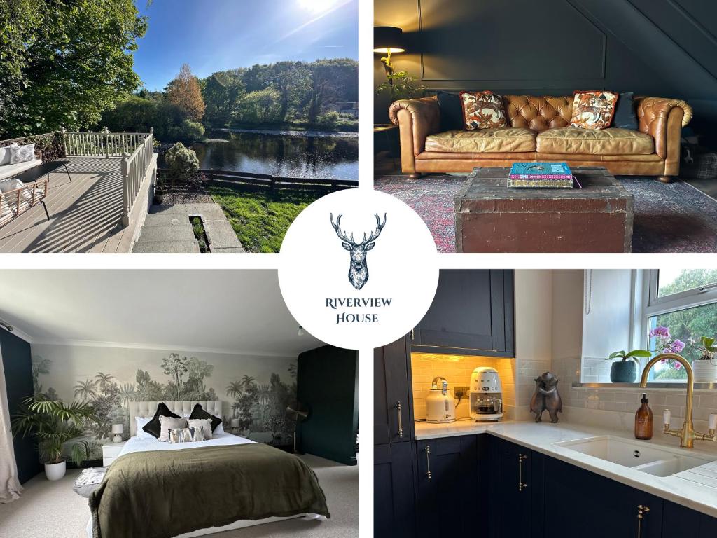 a collage of photos of a bedroom and a living room at Riverview House in Minnigaff