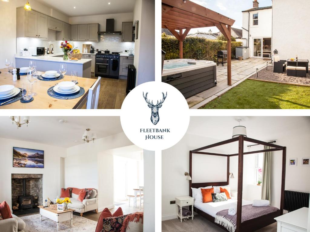 a collage of photos of a kitchen and a living room at Stunning Scottish Hot Tub Getaway in Gatehouse of Fleet