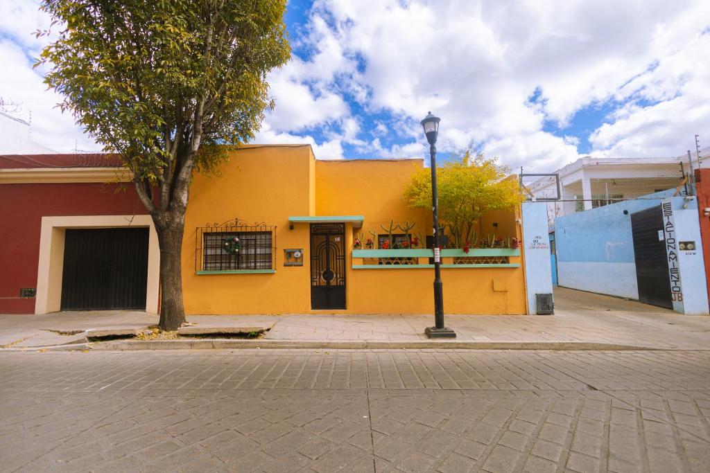 a yellow building with a tree and a street light at Reforma 516 in Oaxaca City