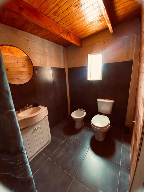a small bathroom with a toilet and a sink at Cabaña Valle de Montañas in Tinogasta