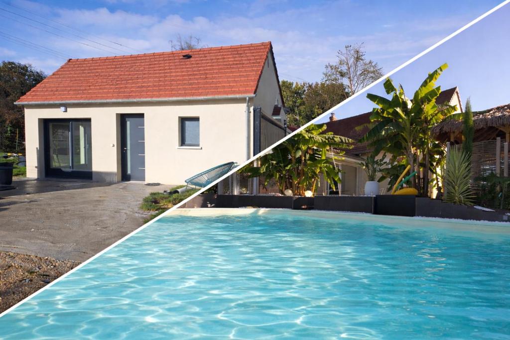 a swimming pool in front of a house with a slide at Le cocoon idyllique in Faverolles-sur-Cher