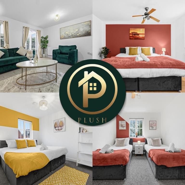 two pictures of a hotel room with two beds at Comfort Lodge - Modern 5 bed house w 2 bathrooms, parking & gardens in Solihull