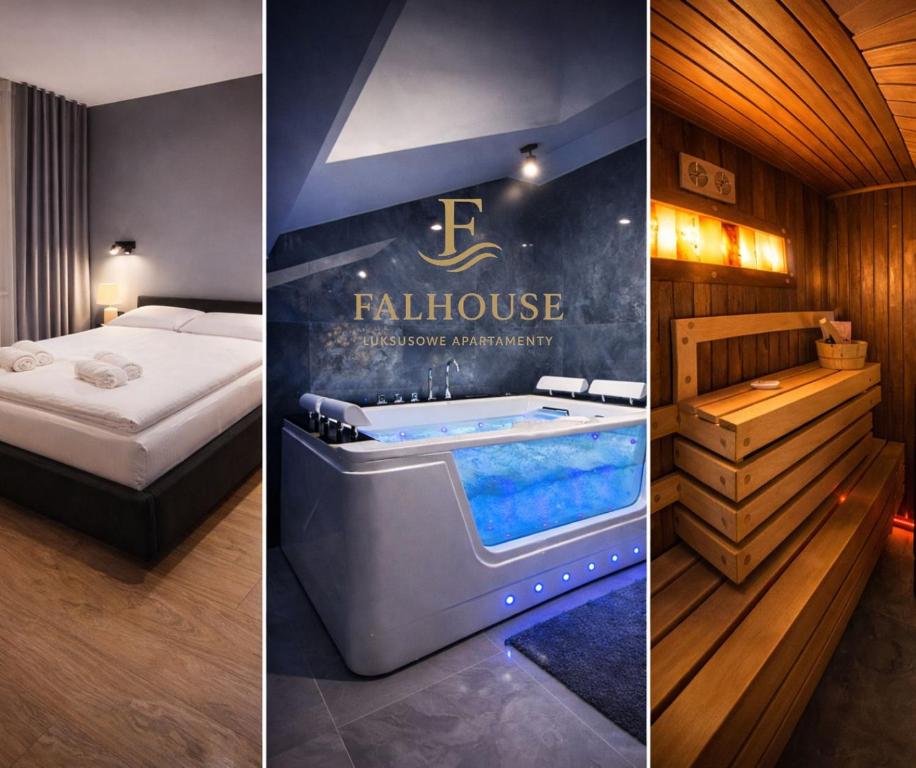 ein Hotelzimmer mit Bett und Badewanne in der Unterkunft FalHouse- luksusowe apartamenty z jacuzzi & sauna in Lesko