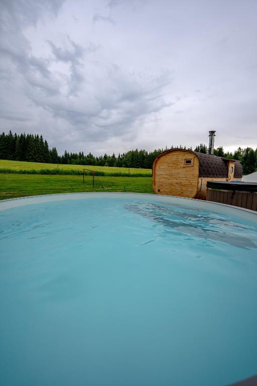a large swimming pool in front of a barn at Chata Polka in Horní Vltavice