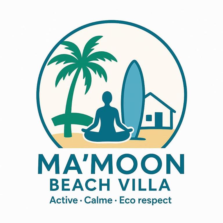 a man in meditation on the beach with a surfboard at Ma'Moon Beach Villa in Wadduwa