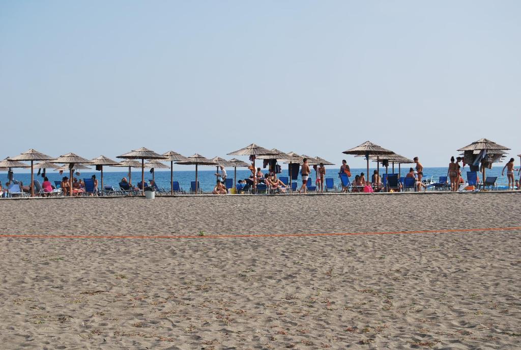 a group of people sitting under umbrellas on the beach at H and H Guesthouse in Velipojë