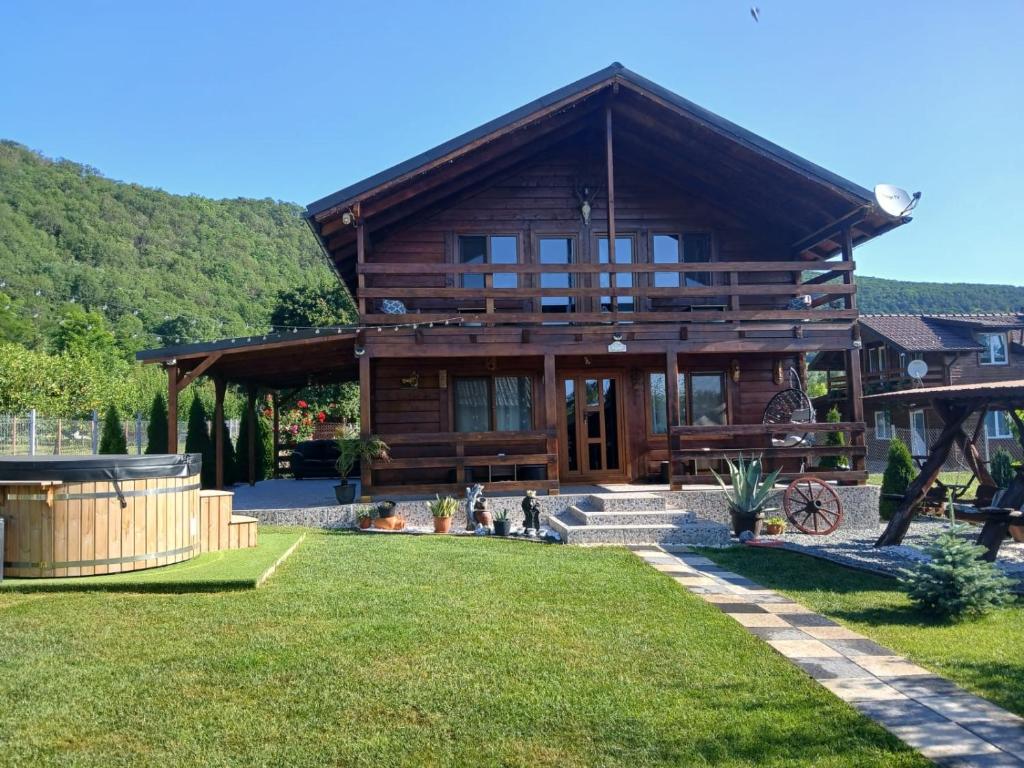 a large wooden house with a grass yard at Cabana AndreeaBanica in Moldoveneşti
