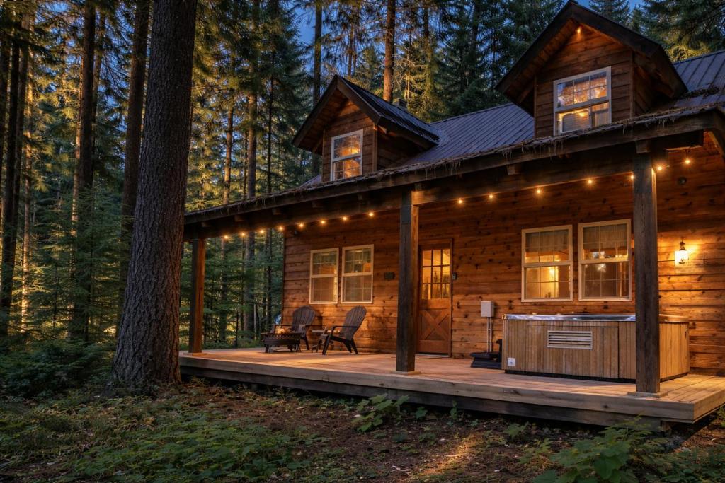 a log cabin in the woods with a large deck at Chipmunk Lodge by NW Comfy Cabins in Leavenworth