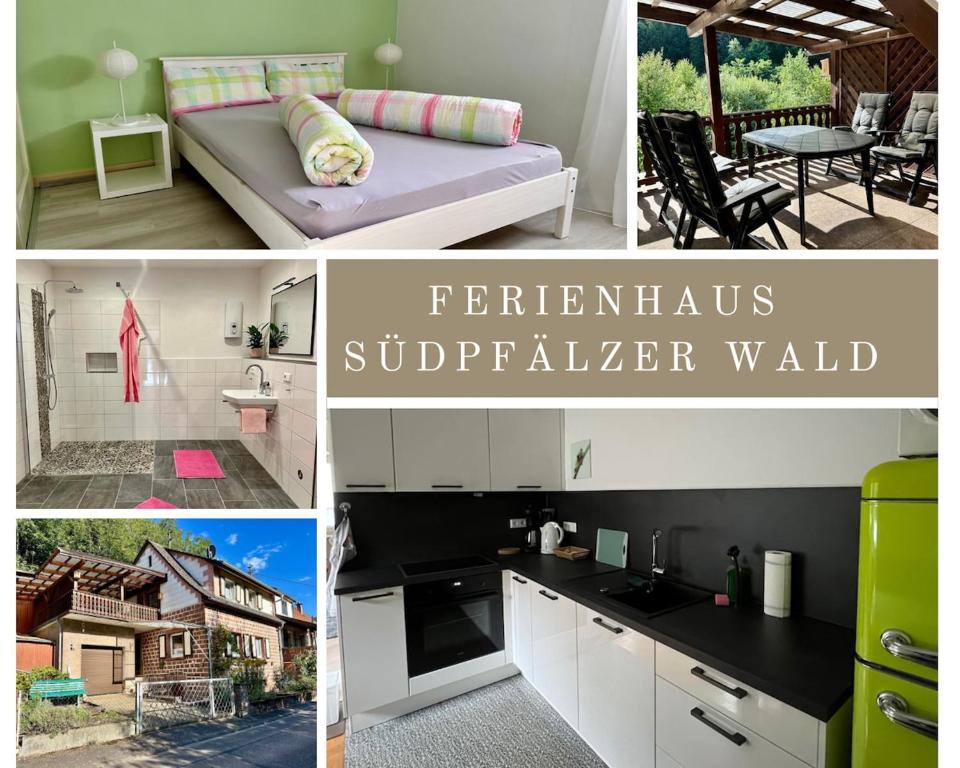 a collage of four pictures of a kitchen and a kitchen gmaxwell gmaxwell gmaxwell gmaxwell at Ferienhaus Südpfälzer Wald in Spirkelbach