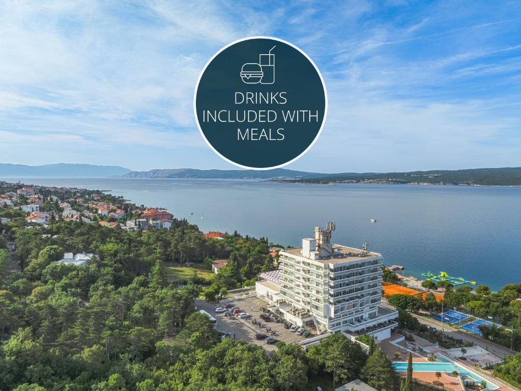 a rendering of a building with the drink included with meals logo at Hotel Omorika in Crikvenica