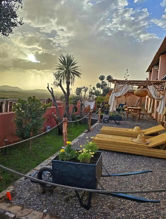 a garden with a wheelbarrow with plants in it at CHÂTELET Ouarzazate in Tabount