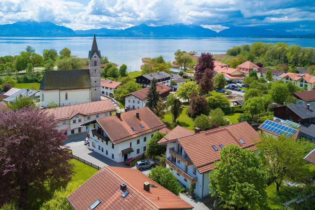 an aerial view of a small town with a church and water at Bayerisch Wohnen in Seebruck