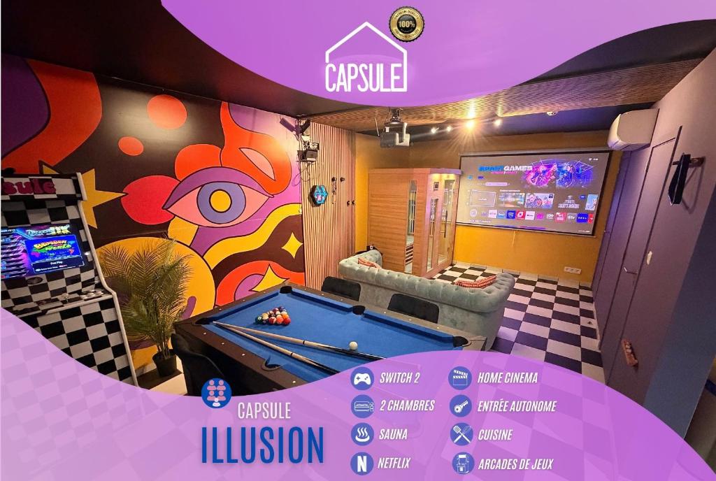 a room with a pool table in a room at Capsule illusion - Switch 2 - Mons Centre in Mons