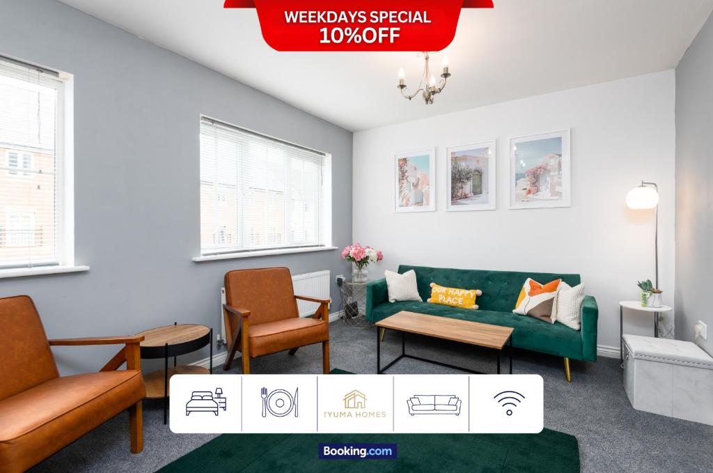 a living room with a green couch and chairs at 3BR House By The Yuma Homes Short Lets & Serviced Accommodation Ashford Ideal For Contractors in Kent