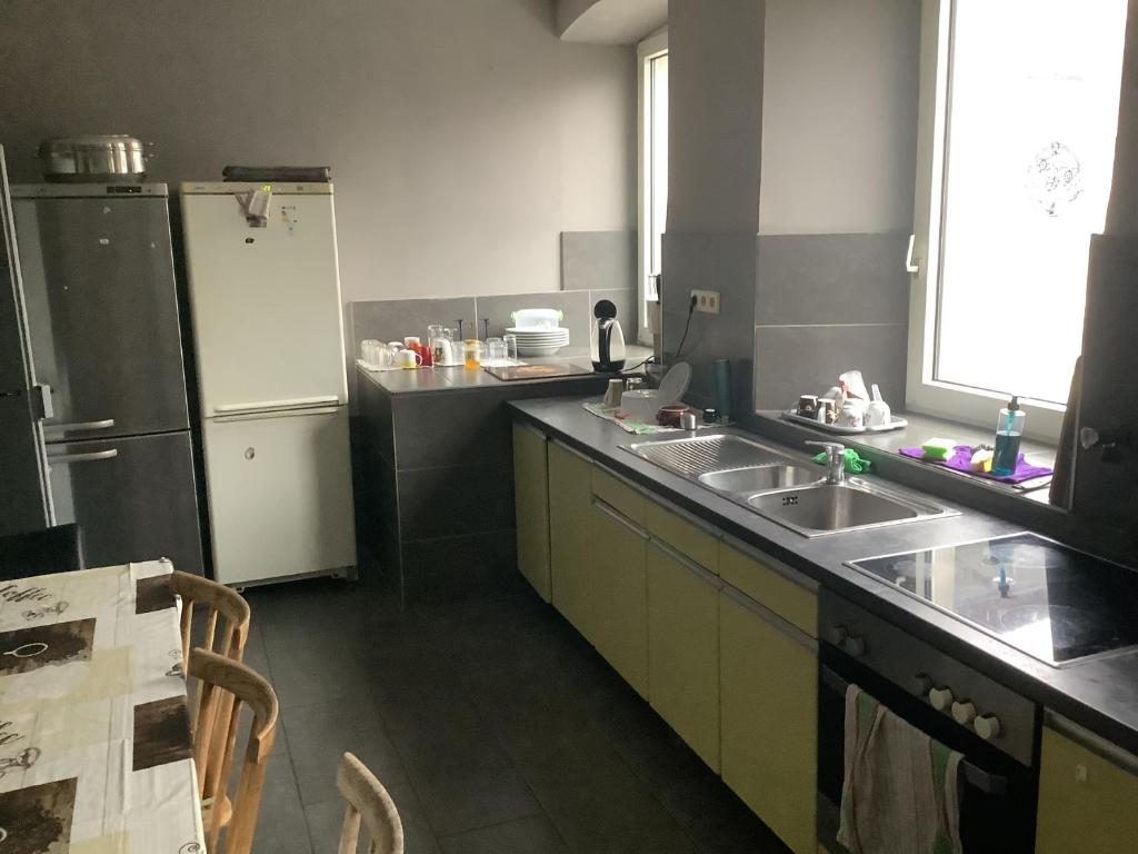 a kitchen with a sink and a refrigerator at Adler in Kraichtal