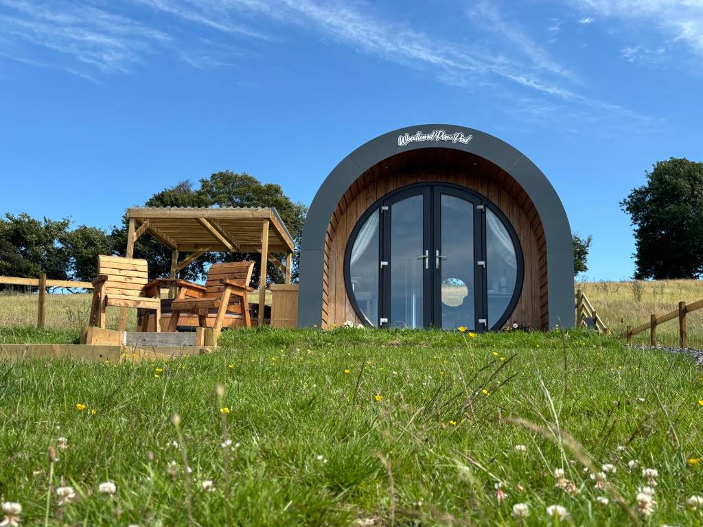 a circular building on a grassy hill with a field at Four Paws Glamping in Aberystwyth