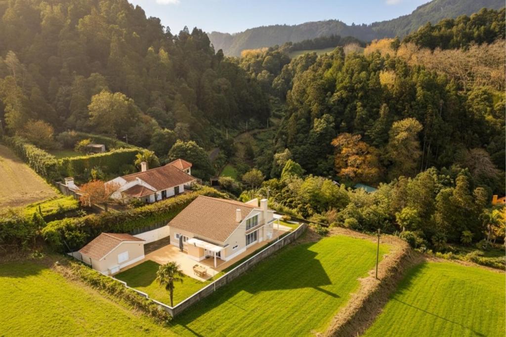 an aerial view of a home in the mountains at Home In Green Caldera in Furnas