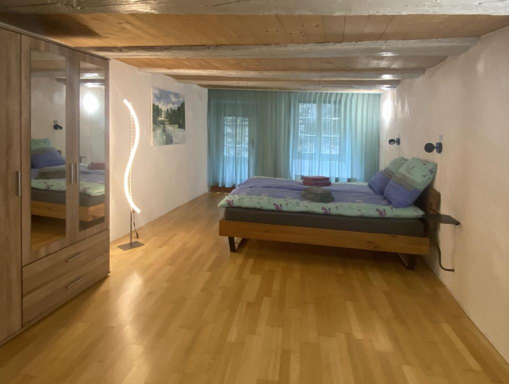 a bedroom with a bed in a room with a mirror at Appartment floor 1 in Thun
