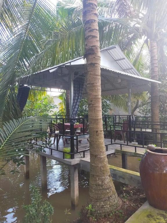 a pavilion with a palm tree next to a pier at Homestay Vườn Dừa in Ấp Nhứt (1)