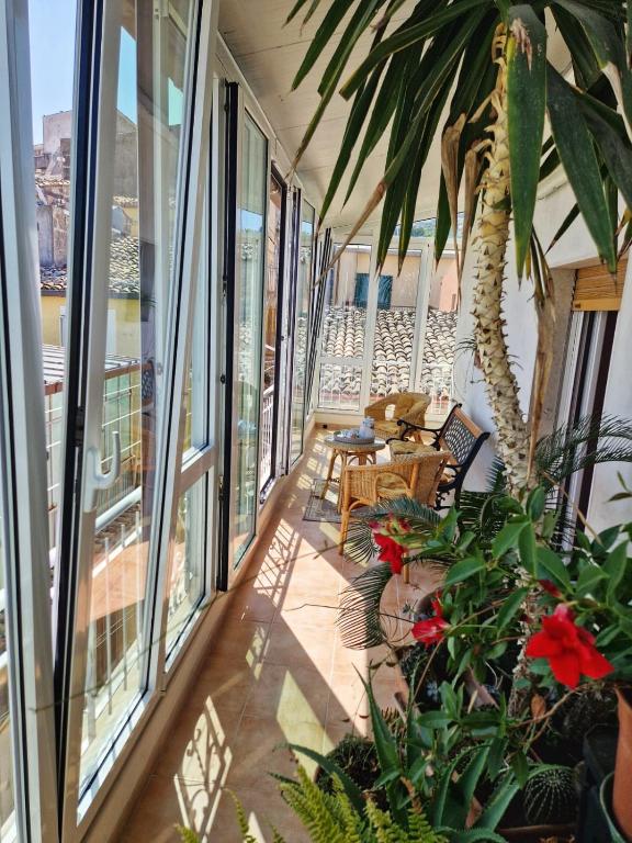 a balcony with a table and some plants and windows at A Casa da Vita in Chiaramonte Gulfi