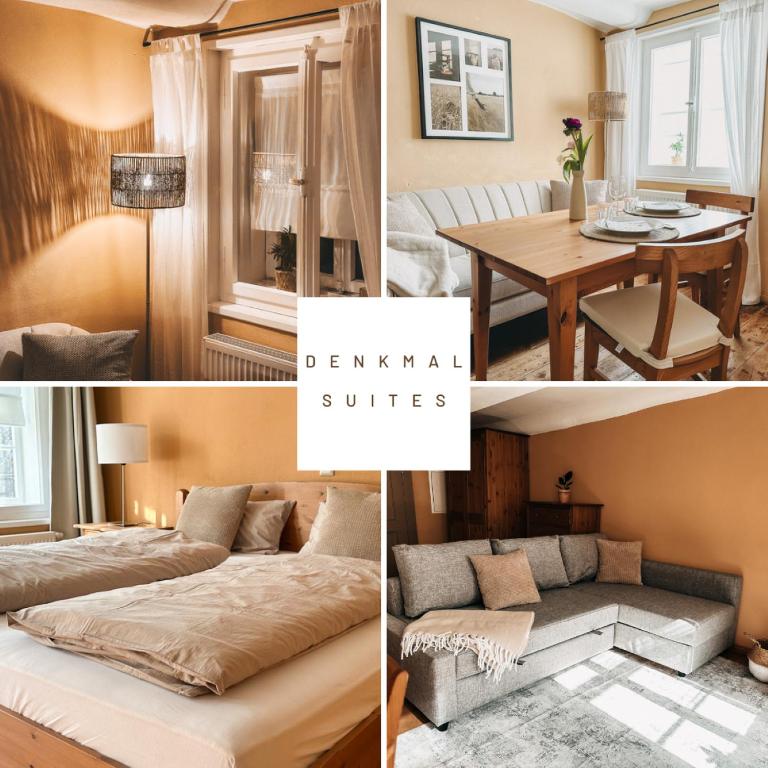 a collage of photos of a living room and a bedroom at Denkmalsuites Quedlinburg in Quedlinburg