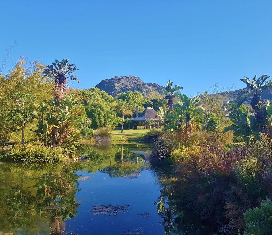 um rio com árvores e uma montanha ao fundo em Val d'Or Estate em Franschhoek