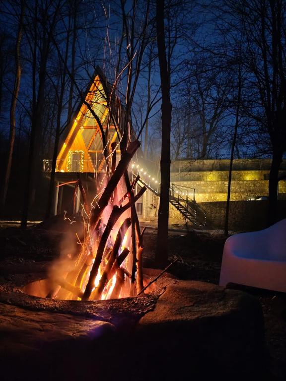 a fire pit in front of a house at night at PiatrA Frame in Ştefeşti