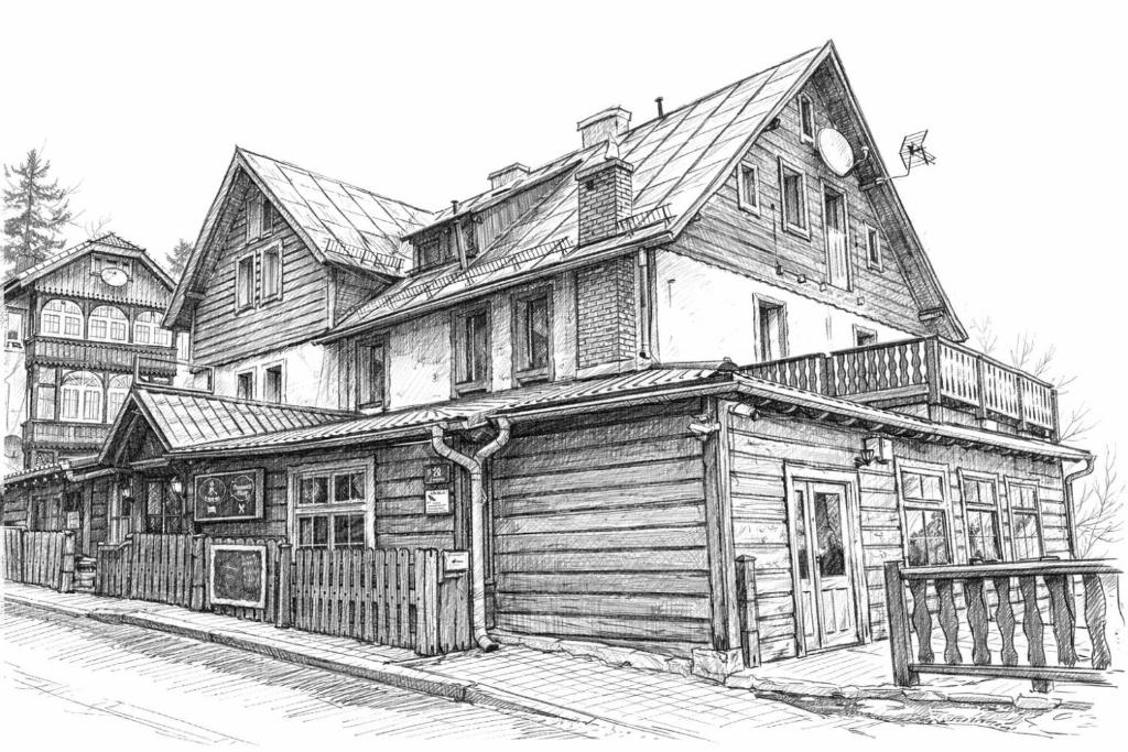 a black and white drawing of a house at Dzikie Fiołki in Karpacz