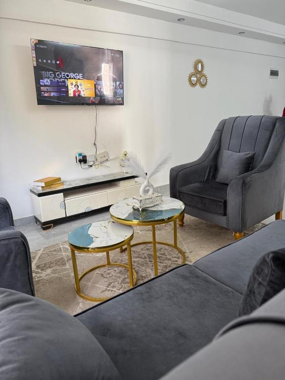 a living room with a couch and a chair and a tv at The Nirvana Place in Nairobi