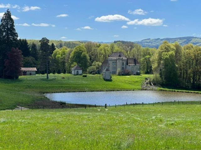 a field with a house and a pond in a field at Lieu dit La Chassagne in Saint-Hilaire-le-Château