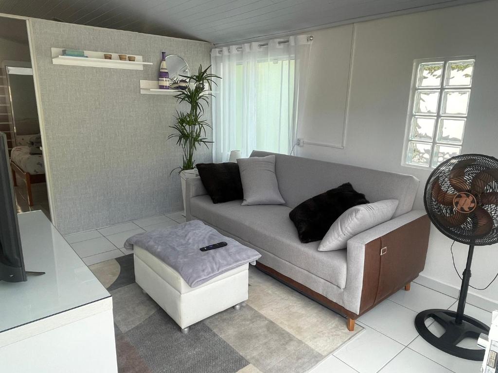a living room with a couch and a table at Anitápolis central -apartamento com jardim in Annitapolis
