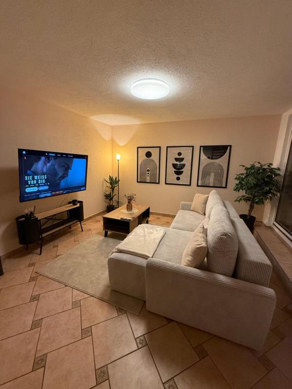 a living room with a couch and a flat screen tv at MarktQuartier Bad Schandau in Bad Schandau