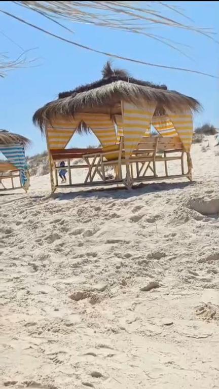 a group of chairs and an umbrella on the beach at Maryline house in Bizerte