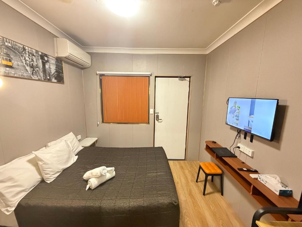 a small room with a bed and a television at Alpine Heritage Motel in Goulburn