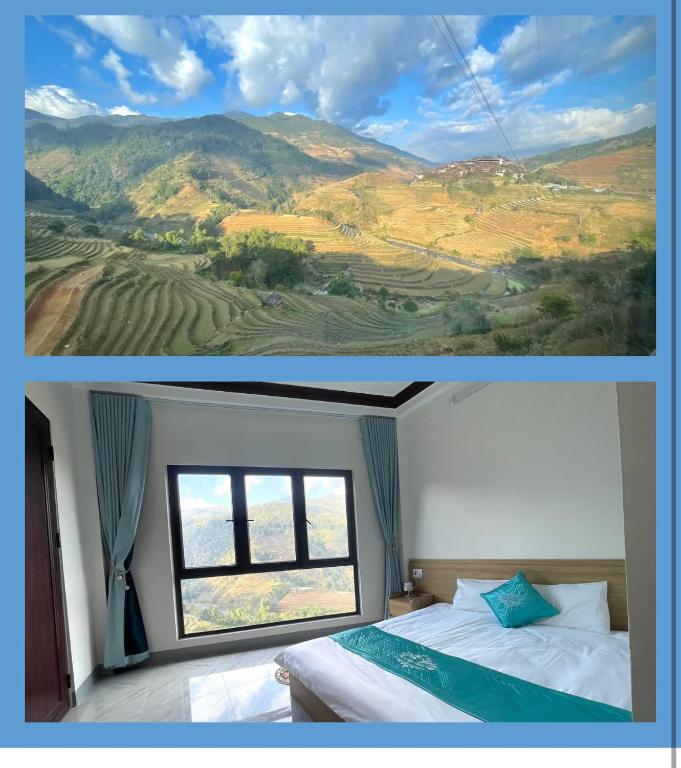 a bedroom with a window with a view of a mountain at Nhà Nghỉ Mũi Giày in Mù Cang Chải