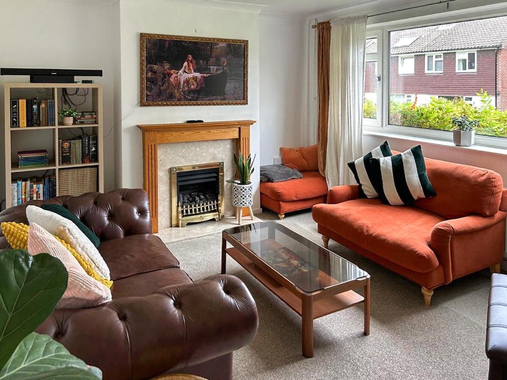 a living room with two couches and a fireplace at Views Wood in Uckfield