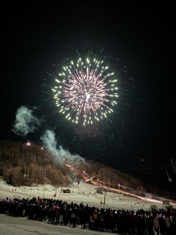 a crowd of people watching a fireworks show at night at Lilli apartment in Aprica