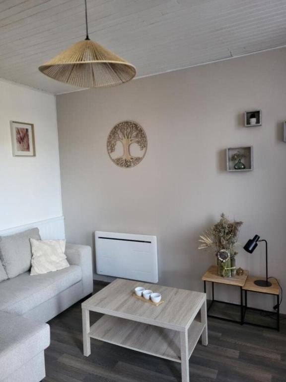 a living room with a couch and a coffee table at AUX ABORDS DU PoT BOUILLANT in Cromac