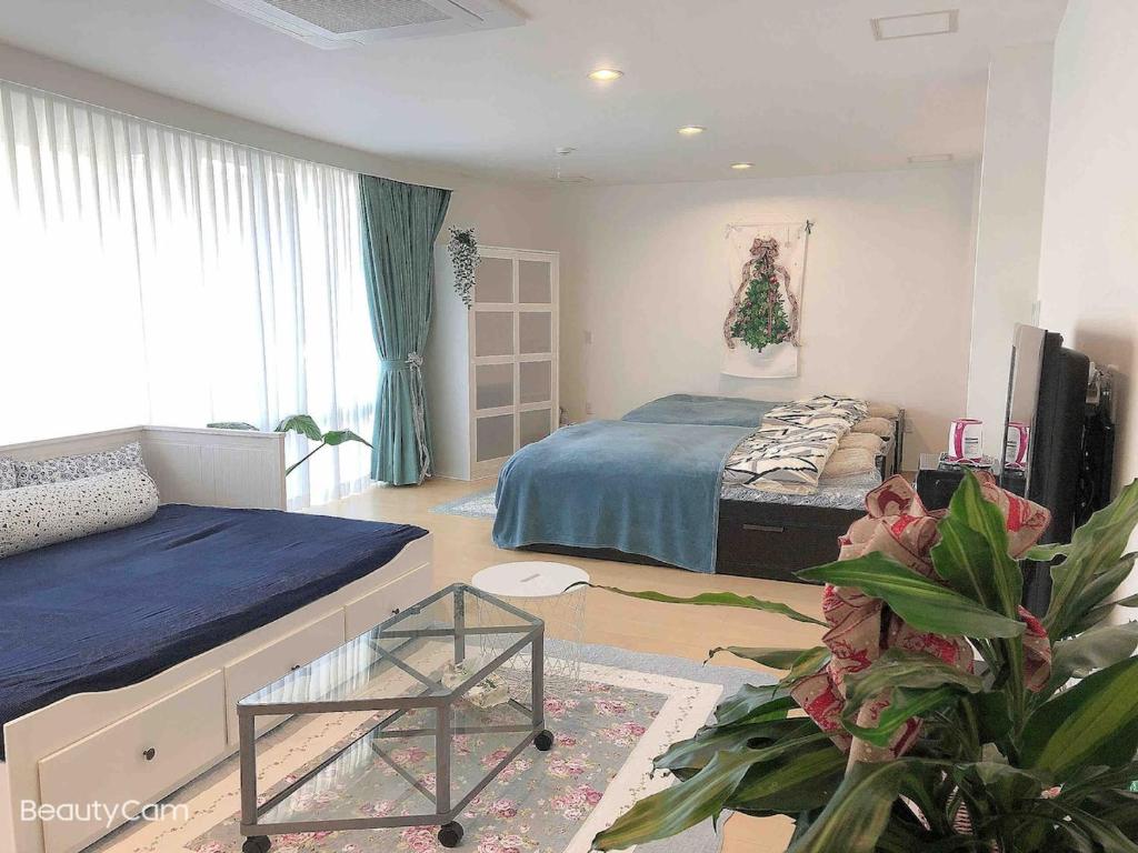 a bedroom with two beds and a television in it at Maison Lumière in Odawara