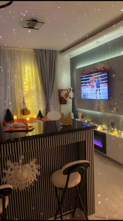 a living room with chairs and a tv in a room at Apartment Zona 0 Tulcea in Tulcea