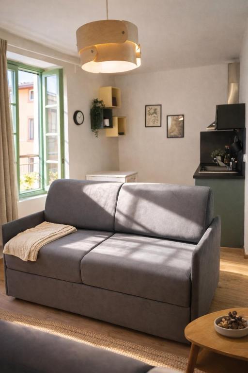 a grey couch in a living room with a table at Studio neuf équipé, confortable et au calme in Issoire